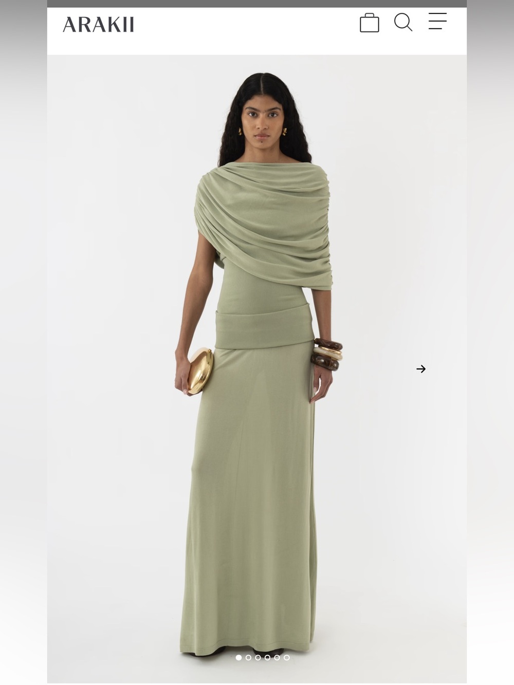 ARAKII Mela Knitted Dress 
Draped Sage Green Maxi Dress